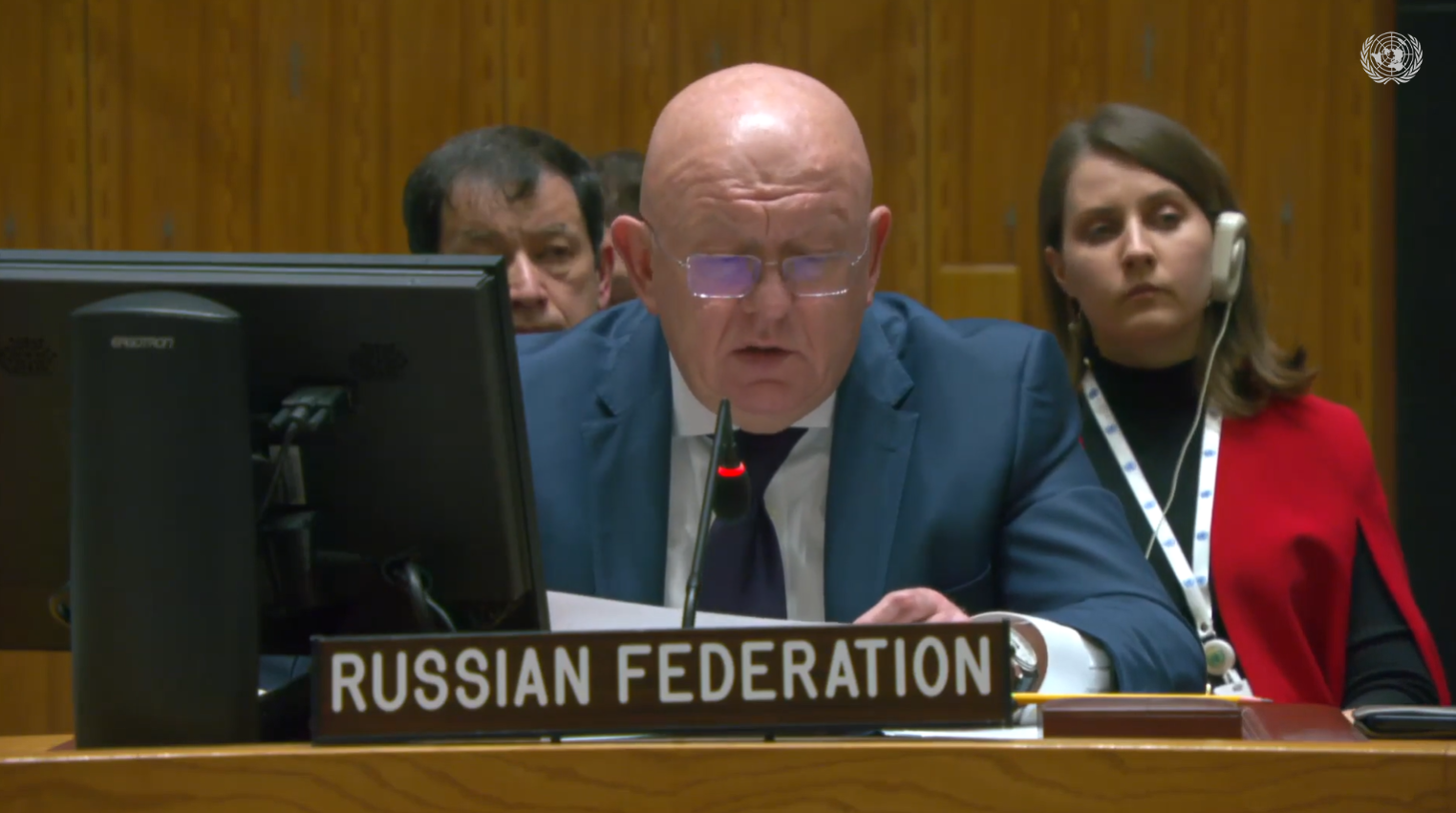 현지 시각 30일, 긴급 유엔 안전보장이사회에서 바실리 네벤쟈 러시아 대표가 발언하고 있다