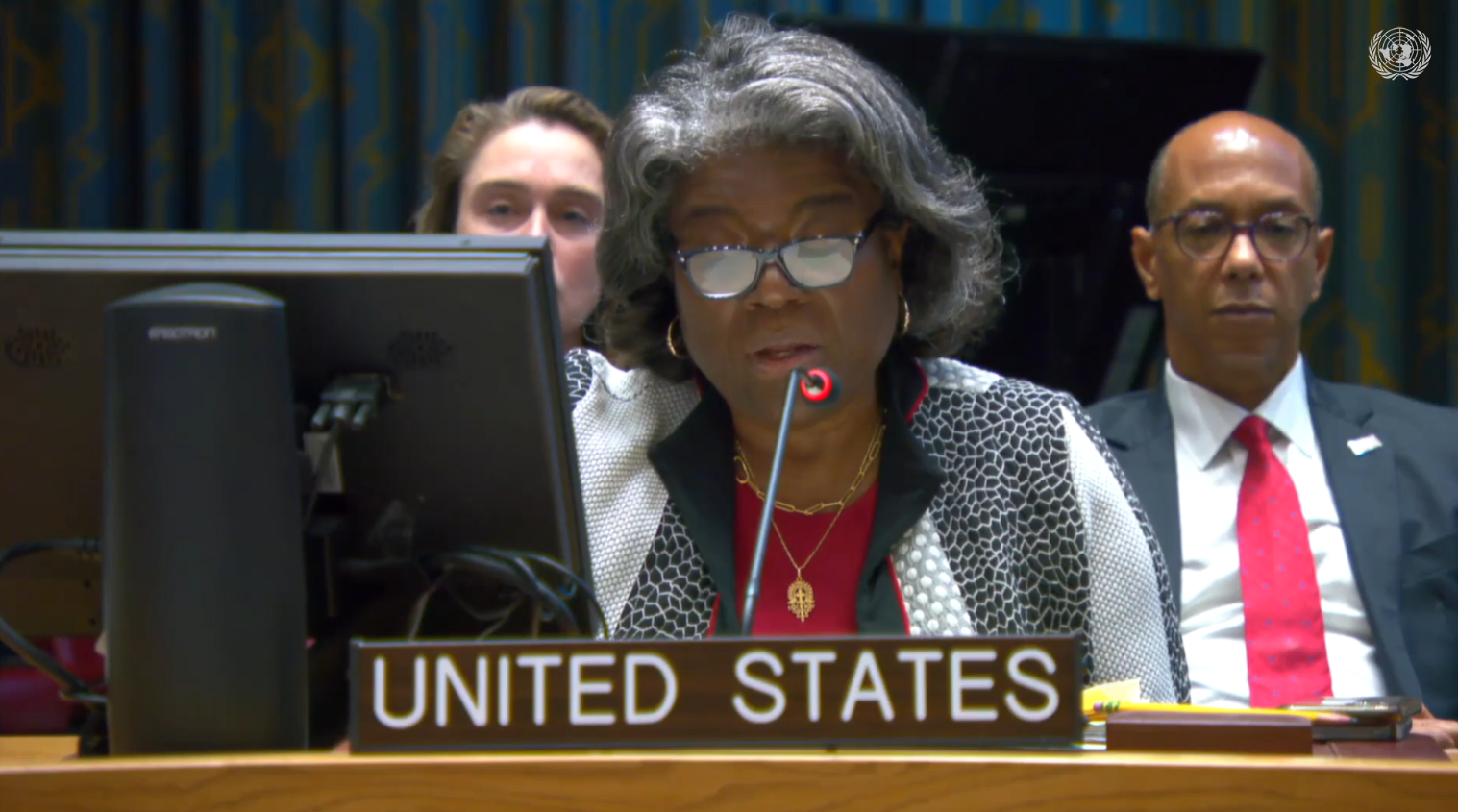 현지 시각 30일 린다 토마스-그린필드 미국 유엔 대사가 유엔 안보리에서 미국의 입장을 밝히고 있다.