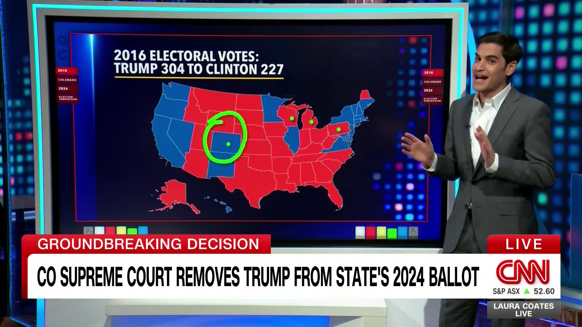 콜로라도주는 2020년은 물론이고 2016년 대선 때도 트럼프 후보가 패배한 곳이다.  지도상 표시된 곳이 콜로라도주로 민주당의 색인 파란색으로 표시돼 있다. 콜로라도주 대법원의 판결을 전하는 CNN 화면.