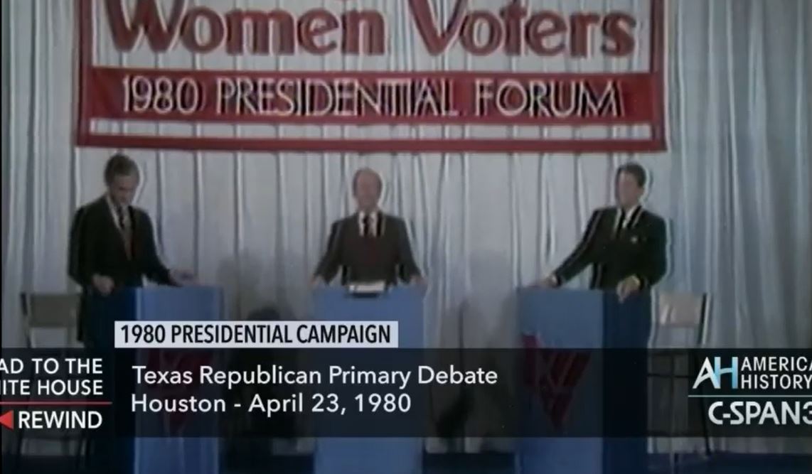 1980년 공화당 경선 토론에서 토론을 벌이고 있는 조지 H.W. 부시 후보(좌)와 로널드 레이건 후보(우) (화면=C-SPAN)