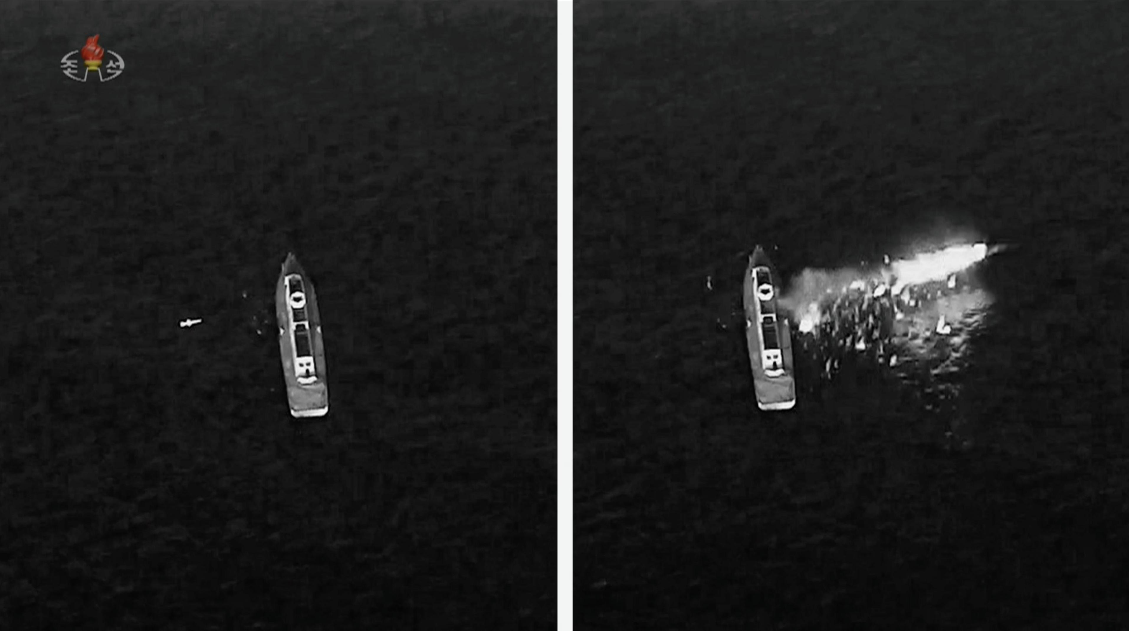 조선중앙TV가 공개한 표적 선박 명중 장면. 선박 주변에 물보라나 파도가 보이지 않는다.