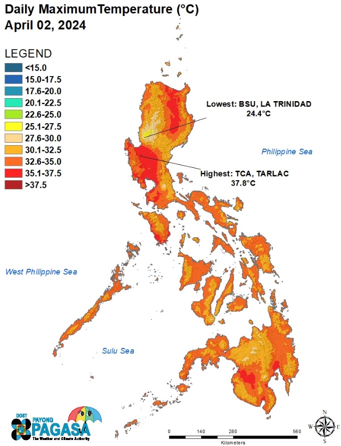필리핀 기상청의 지난 2일 최고기온 분포도. 35도를 넘긴 지역(붉은색)이 적지 않다. (사진 출처:필리핀 기상청 홈페이지)