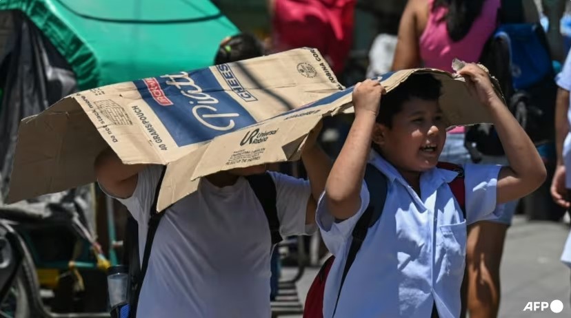필리핀 마닐라의 초등학생들이 상자를 찢어 머리 위에 쓰고 햇볕을 피하고 있다.(사진 출처 : AFP)