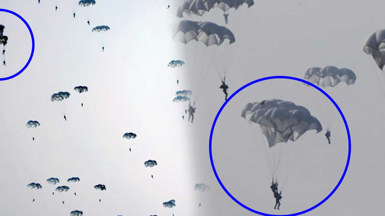 지난달 15일 북한 공수부대 훈련 모습. 일부 낙하산이 엉키거나 제대로 펴지지 않은 듯한 모습이 보인다.
