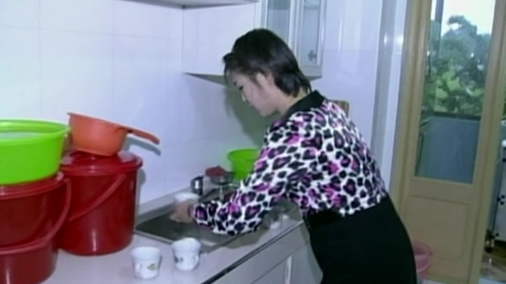 2012년 9월 평양  창전거리 가정집을 방문했을 당시 리설주가 부엌에서 설거지를 하는 모습.