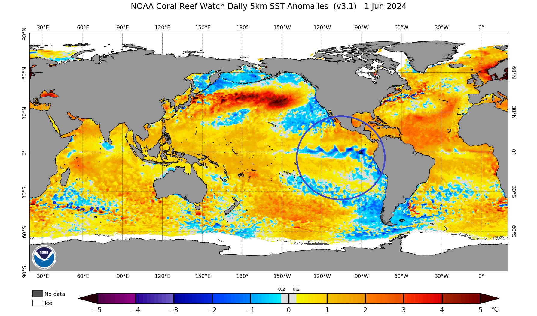 지난 1일 기준 전 지구 해수면 온도 편차. 자료 : 미 국립해양대기청(NOAA)