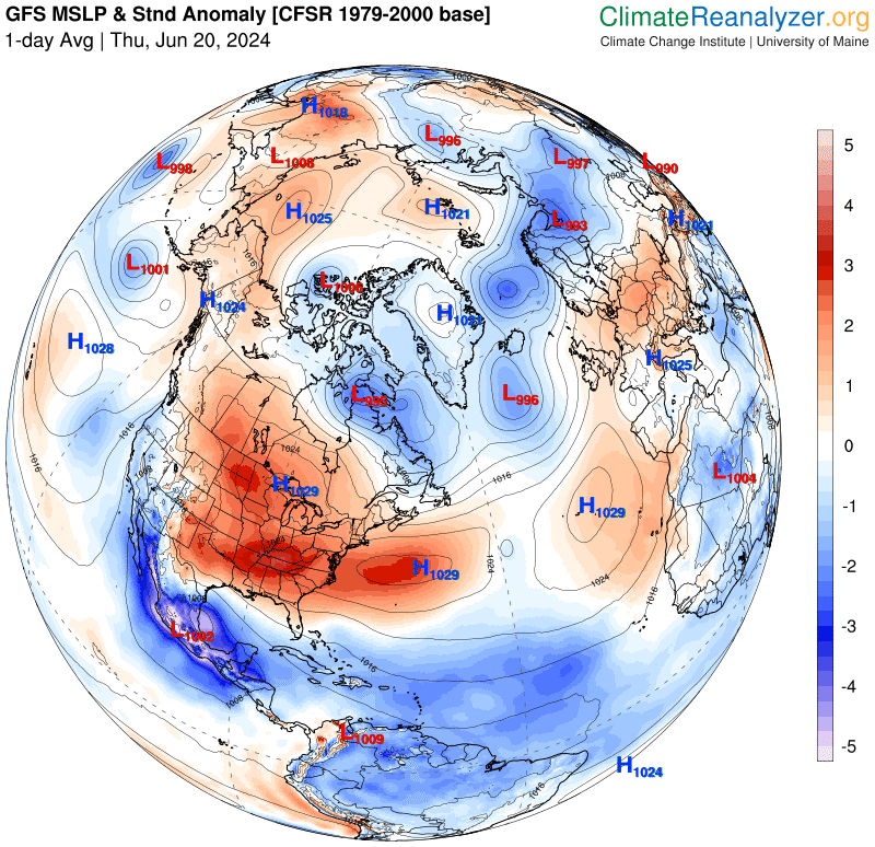 미국 북동부에 자리잡고 있는 붉은색의 열돔 고기압. 자료 : climatereanalyzer
