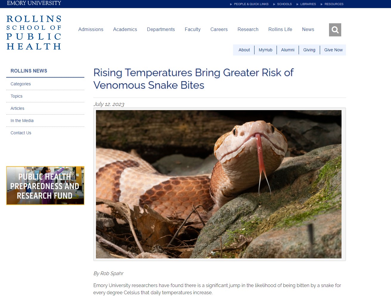 지난해 7월, 미국 조지아주 애틀랜타 에모리대학교 연구팀이 ‘기온 상승과 뱀 물림 위험의 연관성’을 발표했다.