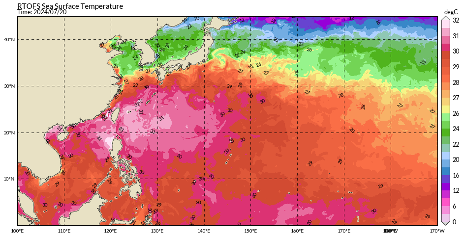 7월 20일 해수면 온도. 출처 : NOAA Global Real-Time Ocean Forecast System