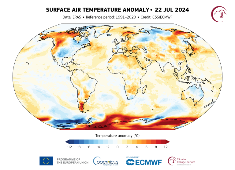 7월 22일 지구 표면 기온 편차. 자료 : 유럽연합 코페르니쿠스 기후변화서비스