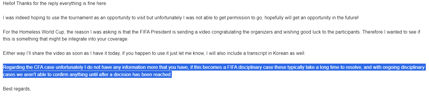 FIFA 질의에 대한 회신