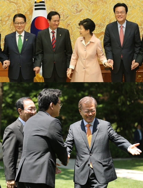(위) 2016년 5월 박근혜 당시 대통령이 청와대로 여야 3당 원내지도부를 초청했다. 왼쪽부터 박지원(국민의당), 우상호(민주당), 정진석(새누리당) 당시 원내대표 / (아래) 2017년 5월 문재인 당시 대통령이 취임 9일 만에 여야 지도부를 청와대 상춘재 오찬에 초대한 모습. 좌측부터 故 노회찬(정의당), 정우택(자유한국당) 당시 원내대표.