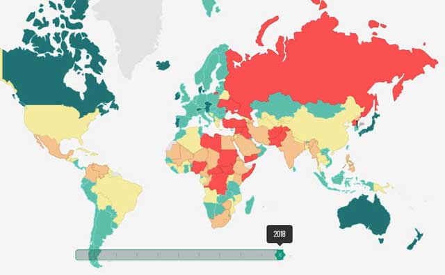 2018 세계평화지수 지도: 붉은 색에 가까울수록 평화지수가 낮고 초록색에 가까울수록 평화지수 순위가 높다