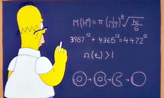 1998년된 ‘심슨’ 에피소드 화면 캡처. 2013년 출간된 ‘심슨 가족에 숨겨진 수학의 비밀’의 저자 사이먼 싱은 “그 방정식은 힉스 입자의 질량을 예측했다. 방정식을 풀어보면 실제 힉스 입자의 나노 질량보다 아주 약간 높은 결과가 나온다”고 말했다. 
