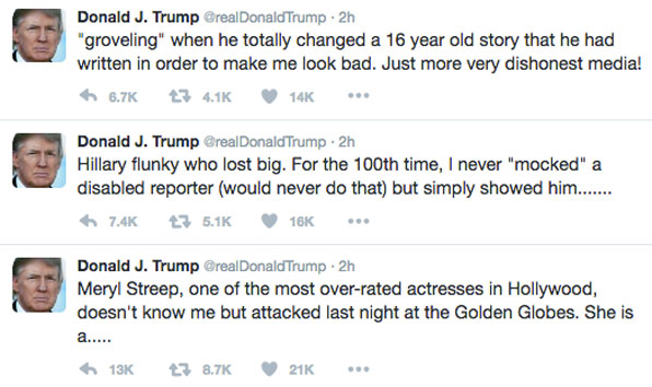 트럼프 대통령이 메릴 스트립을 비난한 트윗. “메릴 스트립은 할리우드에서 가장 과대평가된 배우 가운데 한 명이다. 대선에서 진 힐러리의 아첨꾼이다…”