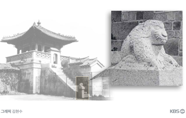 1930년대에 촬영된 동십자각의 모습과 계단 앞 서수상을 확대한 모습