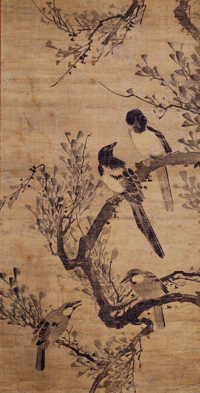 조속 ‘메마른 가지 위의 까치’, 조선 17세기 중엽, 비단에 먹, 국립중앙박물관