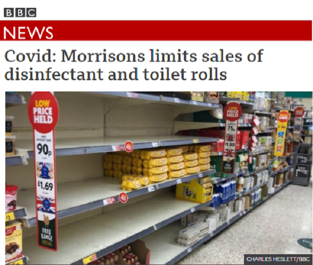 영국 모리슨스 슈퍼마켓 체인이 ‘패닉 바잉’ 즉 사재기를 막기 위해 판매 제한에 들어갔다. [사진 출처 : BBC]