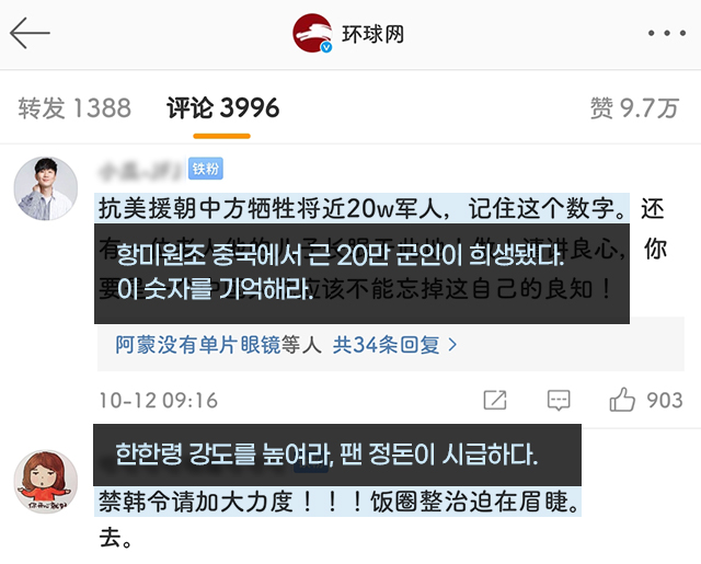 중국 네티즌들의 비난 글들 