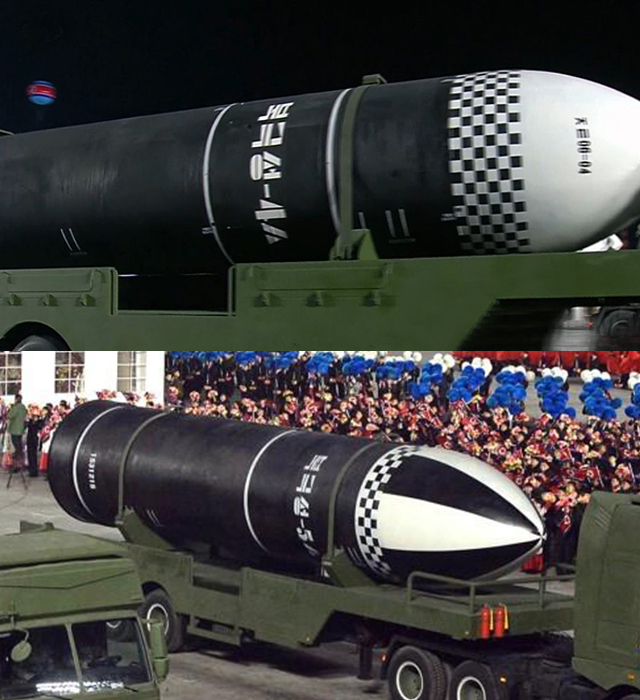 북한이 지난해와 올해 열병식에서 잇따라 공개한 ‘북극성-4’와 ‘북극성-5’의 모습.