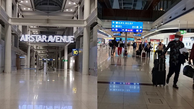 15일 오후 10시 인천공항(좌)과 16일 오전 5시(현지시각) 두바이공항의 모습. 문을 연 면세점과 승객 수가 확연히 차이가 난다.