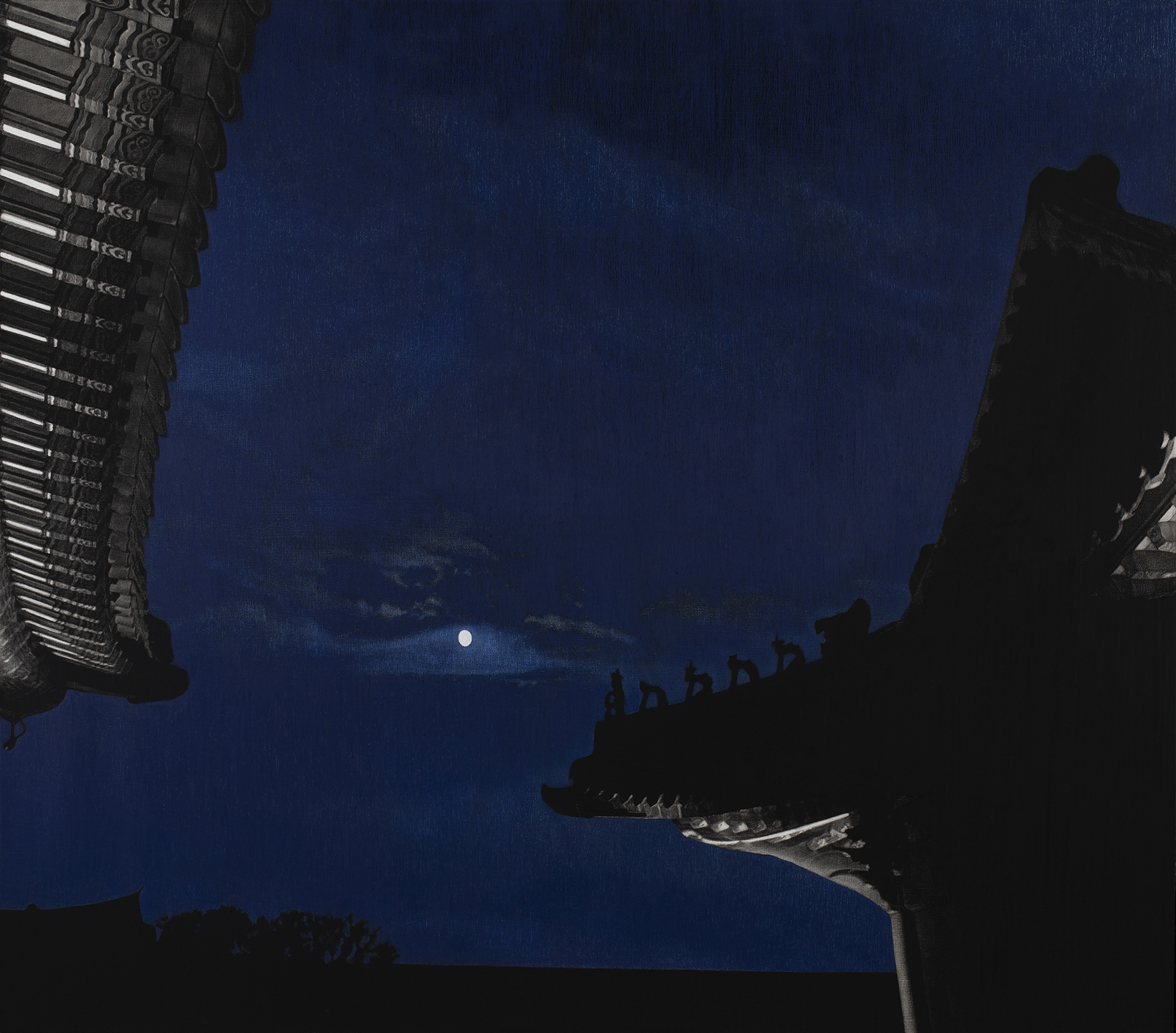 〈블루 문(경복궁 연생전)〉, 캔버스에 새김, 오일 파스텔, 아크릴릭, 150×170cm, 20201