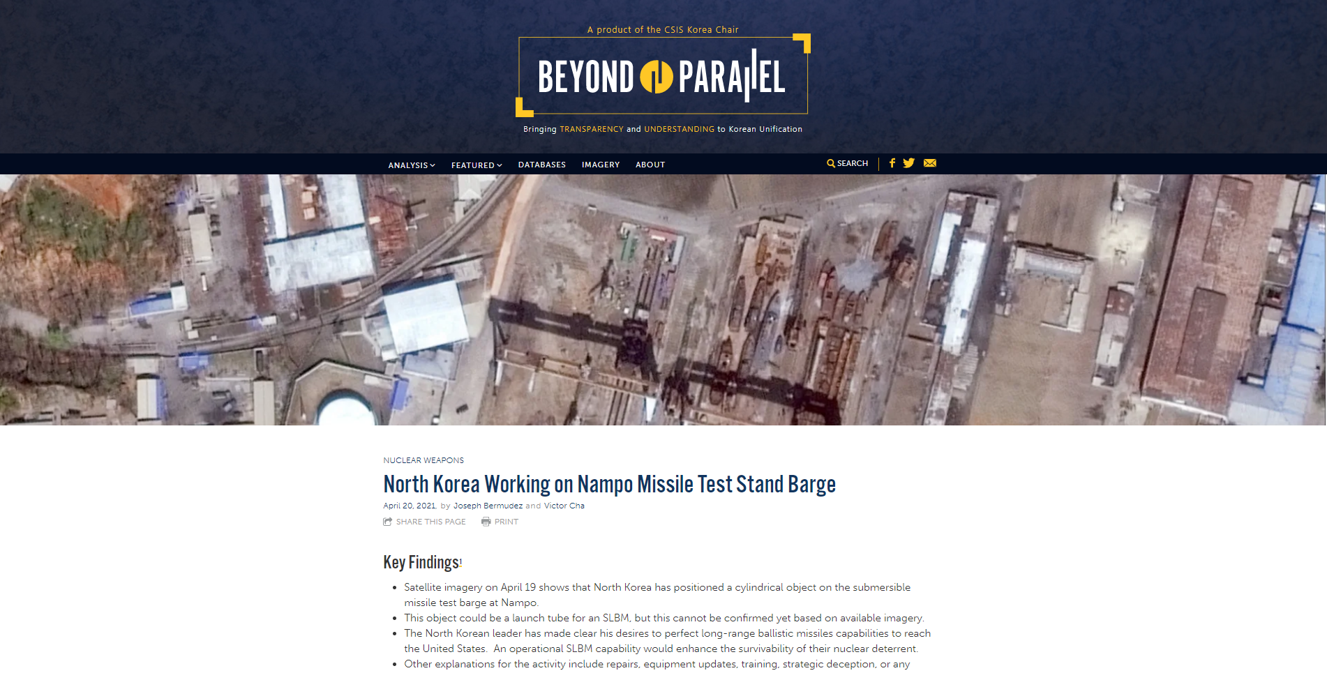 남포 해군조선소의 최근 움직임을 설명하고 있는 미국 CSIS의 북한전문사이트 ‘분단을 넘어’의 보고서. [사진 출처 : ‘분단을 넘어(Beyond Parallel)’ 홈페이지 https://beyondparallel.csis.org]