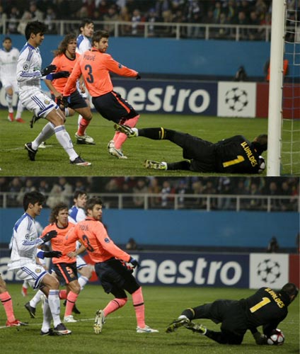 9일(현지시간) 우크라이나 키에프에서 열린 유럽축구연맹(UEFA) 챔피언스리그 조별리그 F조 디나모 키에프-FC 바르셀로나 경기, 디나모 키에프 아르템 밀레프스키(왼쪽 세번째)가 슛한 공을 FC 바르셀로나 빅토르 발데스 골키퍼(오른쪽)가 잡으려다 놓쳐 선취골을 허용하고 있다.