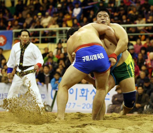 13일 경북 경주실내체육관에서 열린 2009 천하장사 씨름 대축제 마지막날 천하장사 결정전, 황규연(오른쪽)과 이태현이 접전을 펼치고 있다.