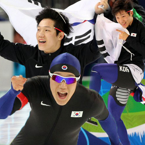 밴쿠버 동계올림픽 스피드 스케이팅 500M 에서 금메달을 획득한 모태범이 환호하고 있다. 16일(한국시간) 리치몬드 올림픽 오벌 경기장.