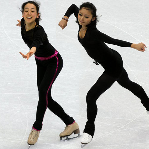 일본 아사다 마오(왼쪽)와 안도 미키(오른쪽)가 22일 오전(한국 시간) 2010 밴쿠버 동계올림픽 피겨 경기가 열리는 퍼시픽 콜리시움 경기장에서 연습을 하고 있다.