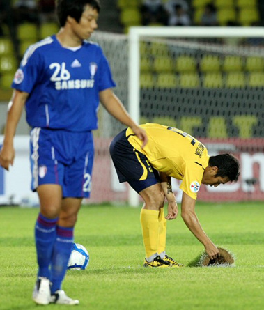 15일 성남 탄천종합운동장에서 벌어진 2010 아시아축구연맹(AFC) 챔피언스리그 8강 1차전 수원 삼성과 성남 일화의 경기에서 성남 조병국(오른쪽)이 경기 도중 새로 깐 잔디가 크게 파이자 다시 잔디를 맞추어 깔고 있다. 성남 4대1 승.