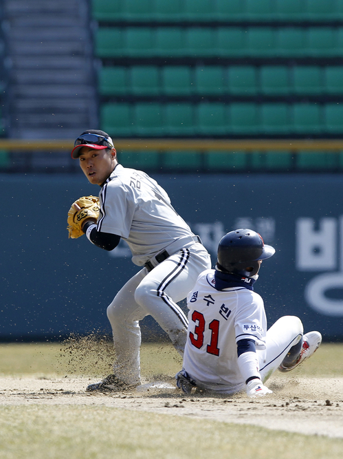 20일 오후 서울 잠실야구장에서 열린 프로야구 LG 트윈스-두산 베어스 시범경기. 1회말 무사 LG 트윈스의 김일경이 1루로 송구를 하고 있다.