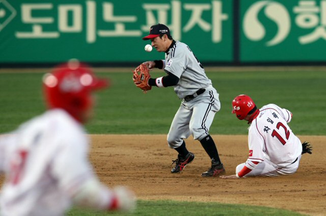 18일 오후 광주 무등경기장에서 열린 프로야구 LG 트윈스와 KIA 타이거즈의 경기, 2회초 1사 1루 LG 손주인이 더블플레이를 하려다 공을 빠트리고 있다. 