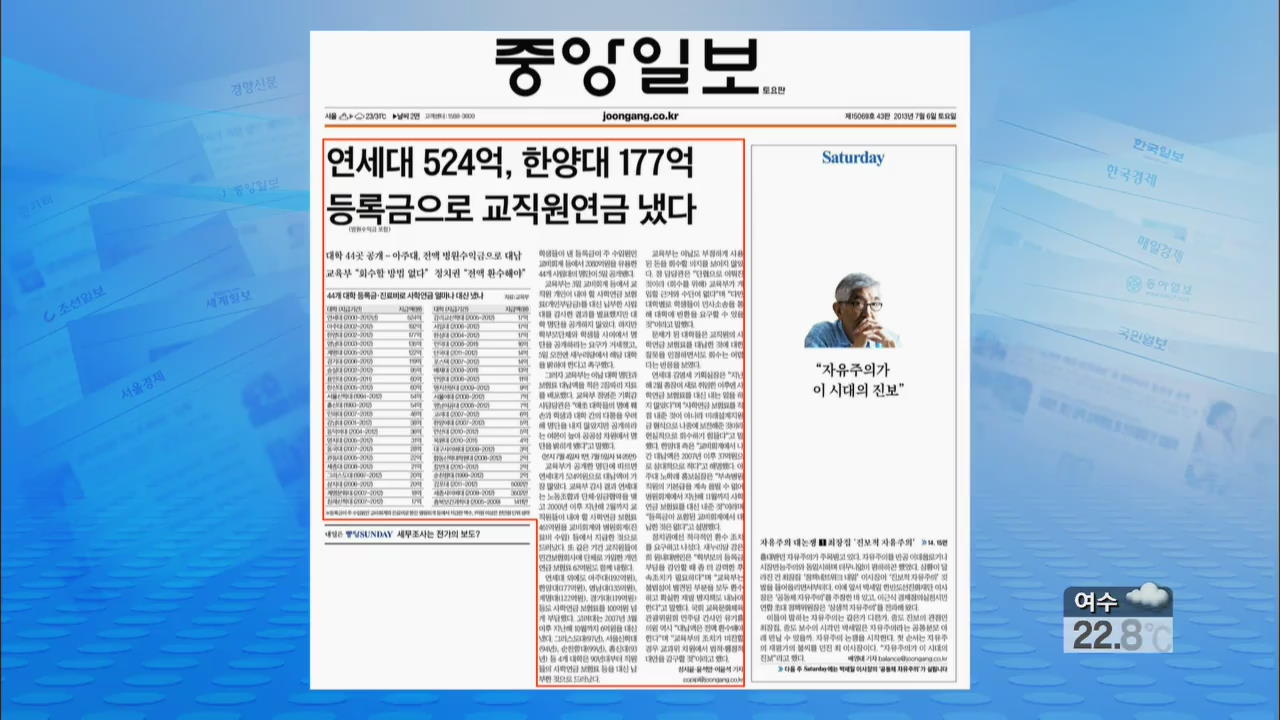 [정인철의 신문 브리핑] 연세·한양대 등록금으로 교직원 연금 냈다 外