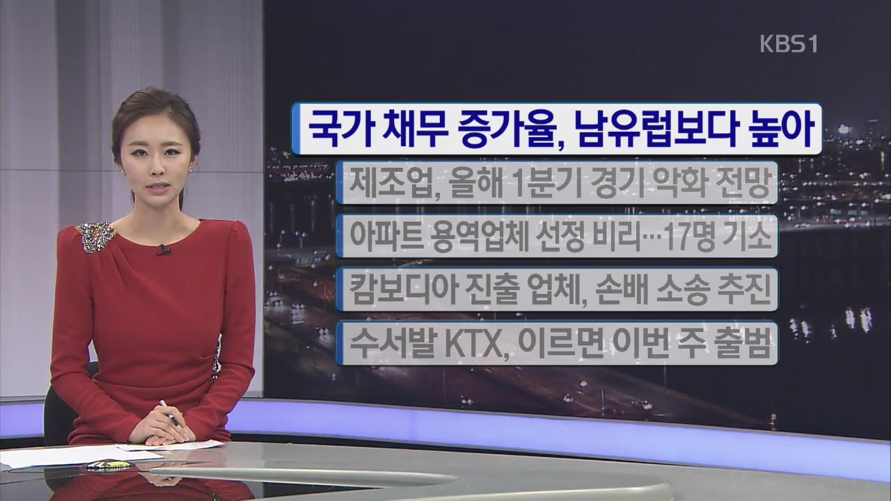 [간추린 단신] 국가 채무 증가율, 남유럽보다 높아 外