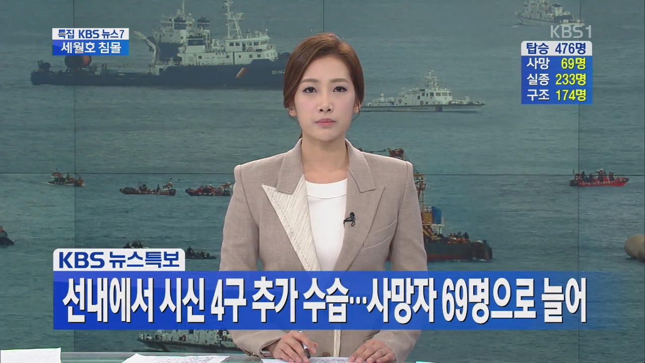 선내에서 시신 4구 추가 수습…사망자 69명으로 늘어