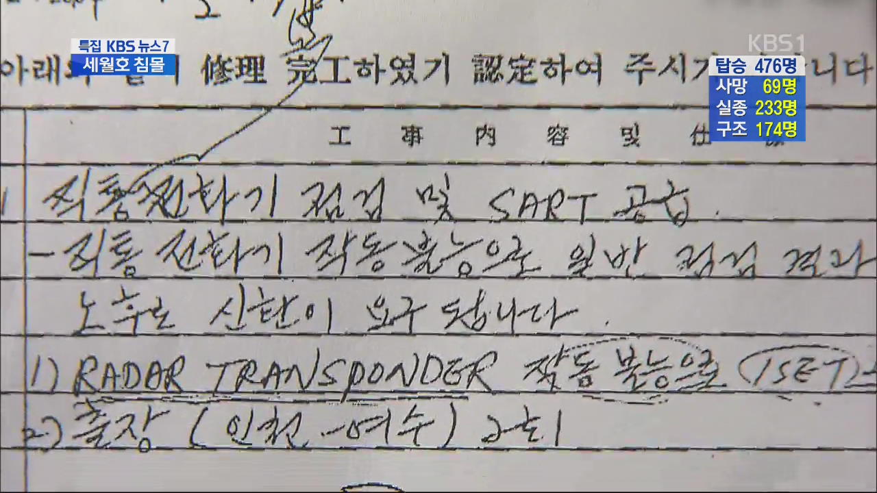 ‘노후 선박’ 세월호, 고장·수리 잦았다