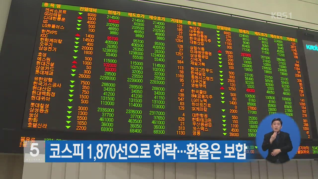 코스피 1,870선으로 하락…환율은 보합