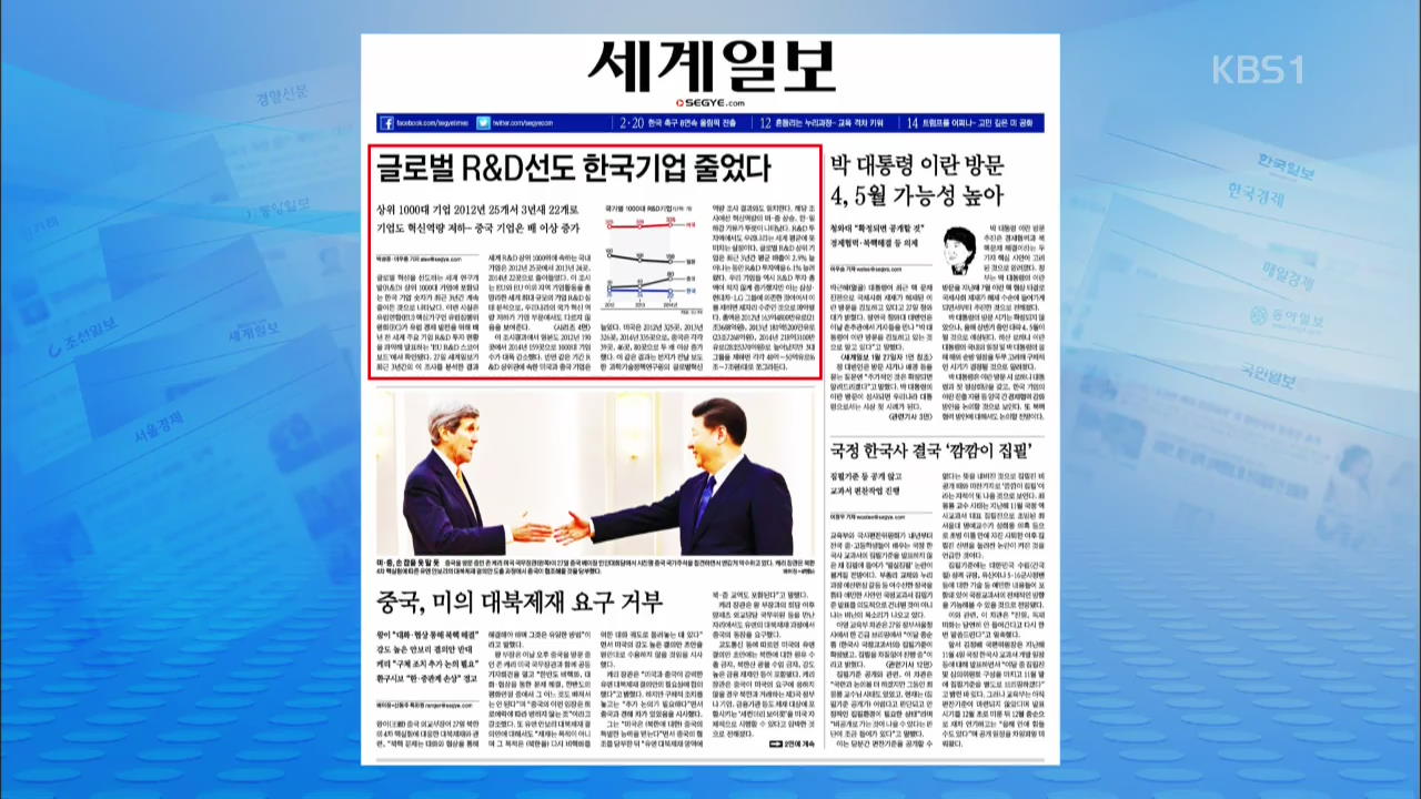 [정인수의 신문 브리핑] 글로벌 R&D선도 한국기업 줄었다 외