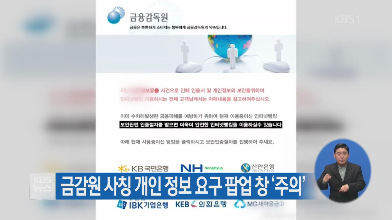 금감원 사칭 개인 정보 요구 팝업 창 ‘주의’