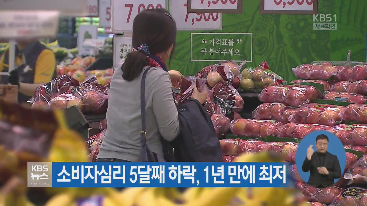소비자심리 5달째 하락, 1년 만에 최저