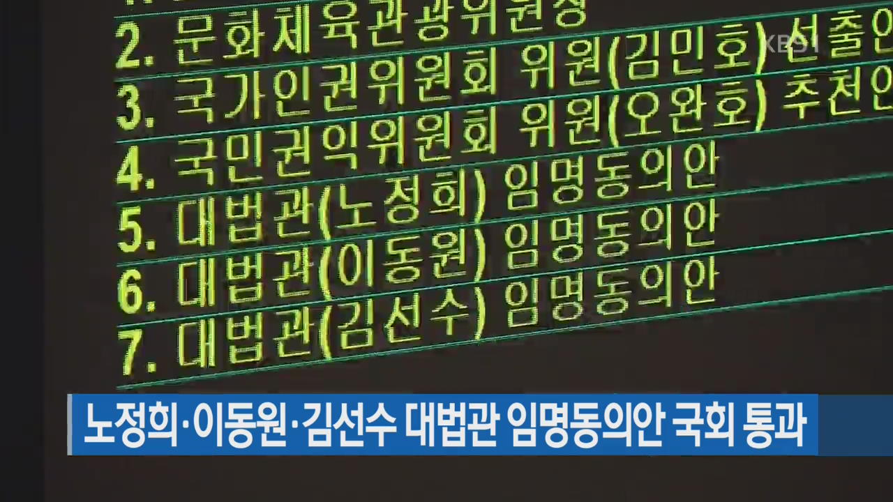 [간추린 단신] 노정희·이동원·김선수 대법관 임명동의안 국회 통과 외