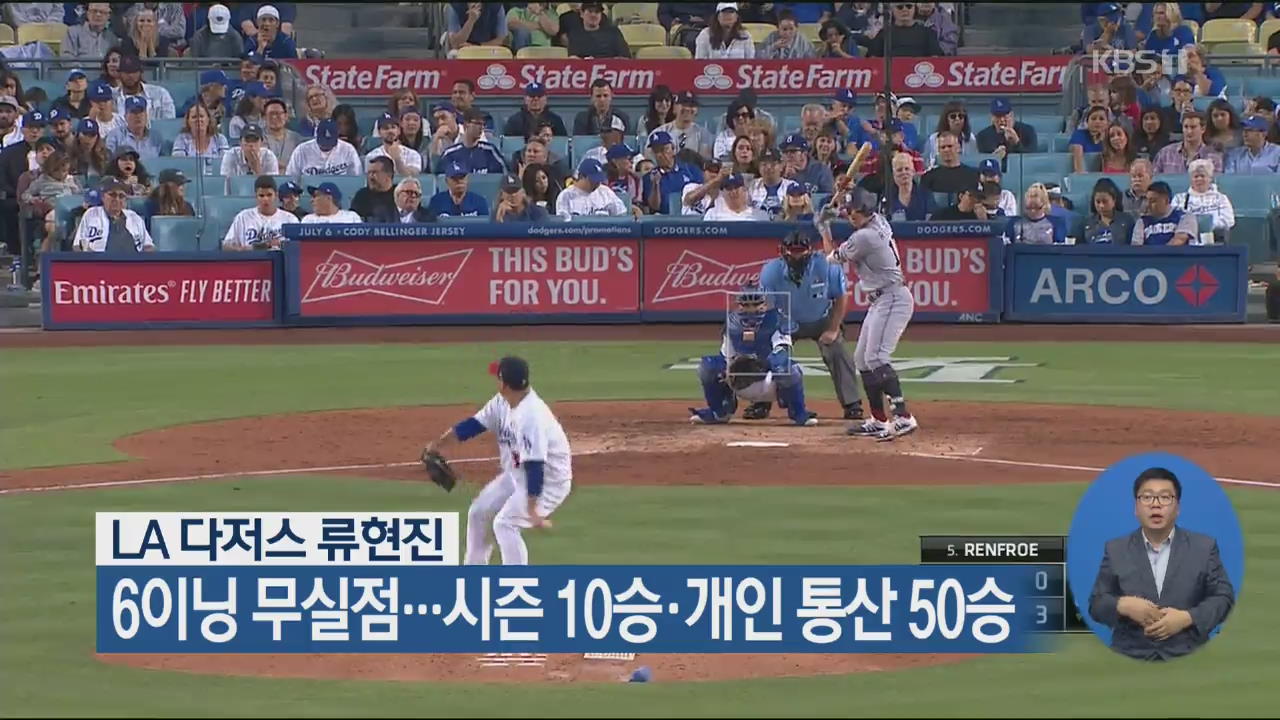 류현진, 6이닝 무실점…시즌 10승·개인 통산 50승
