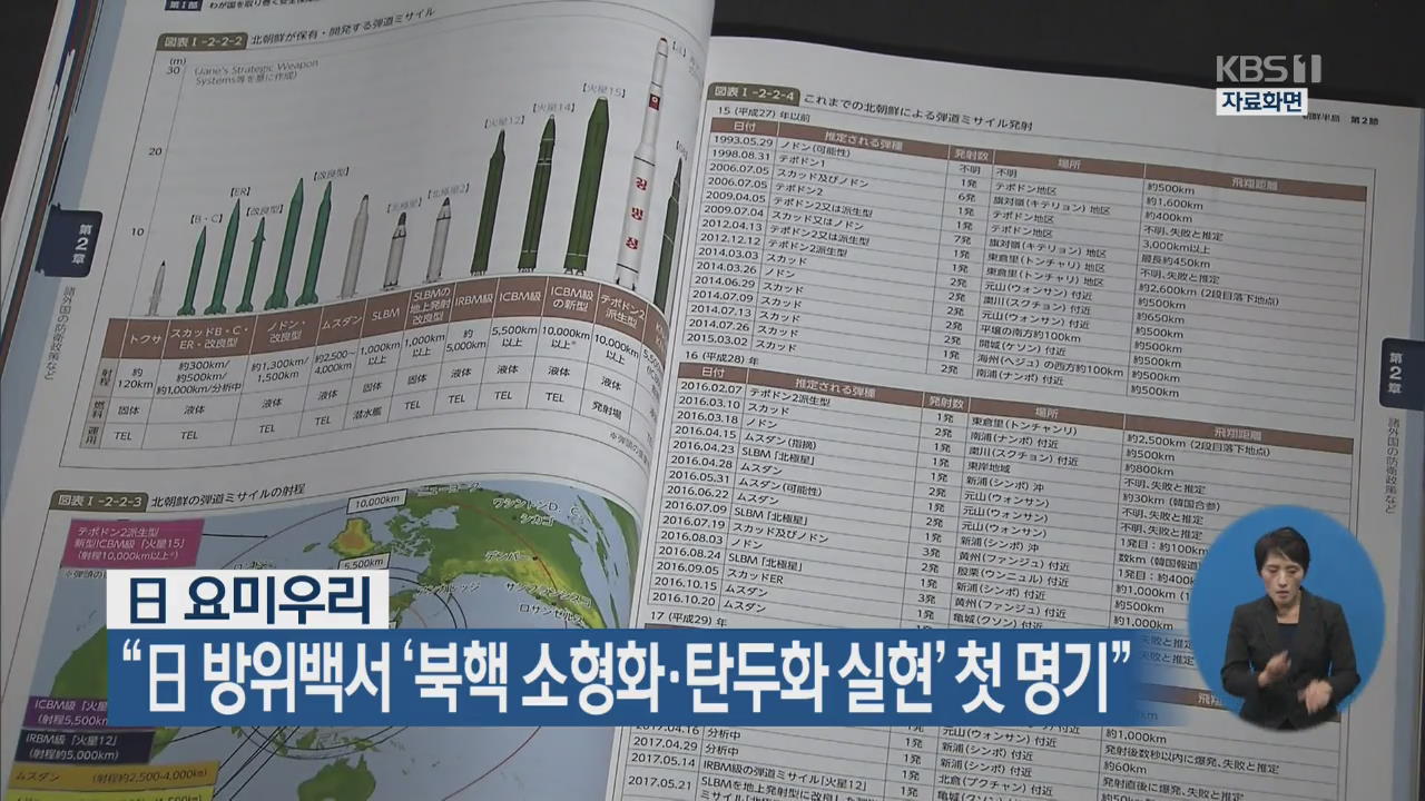 “日 방위백서 ‘북핵 소형화·탄두화 실현’ 첫 명기”