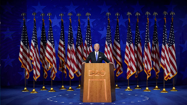 조 바이든 전 부통령이 지난달 20일 미국 델라웨어주 윌밍턴의 체이스센터에서 열린 민주당 전당대회에서 대선 후보 수락 연설을 했다. [사진 출처 : AP=연합뉴스]