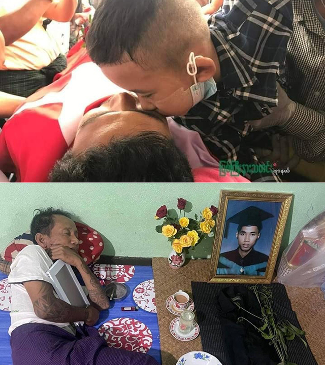 어린 아들이 시위도중 죽은 아버지의 이마에 입맞추고 있다(위). 죽은 아들의 영정사진을 안고 있는 아버지(아래).