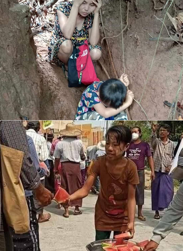 미얀마 공군의 공습을 피해 골짜기에 숨은 모자...공포에 질린 아이가 나무 뿌리를 꽉쥐고 있다(위). 한 소녀가 시위대에 수박을 나눠주고 있다(아래).
