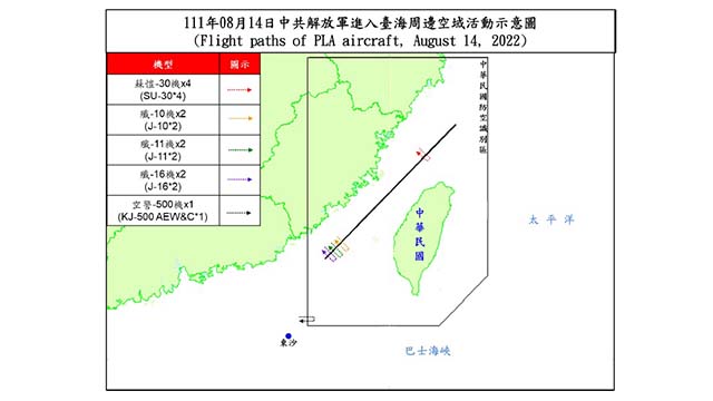 타이완 “14일 중국 군용기 11대 타이완해협 중간선·ADIZ 넘어”