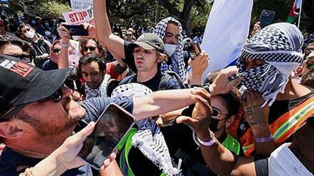 미국 로스엔젤레스 UCLA에서 친팔레스타인·친이스라엘 시위대 대치